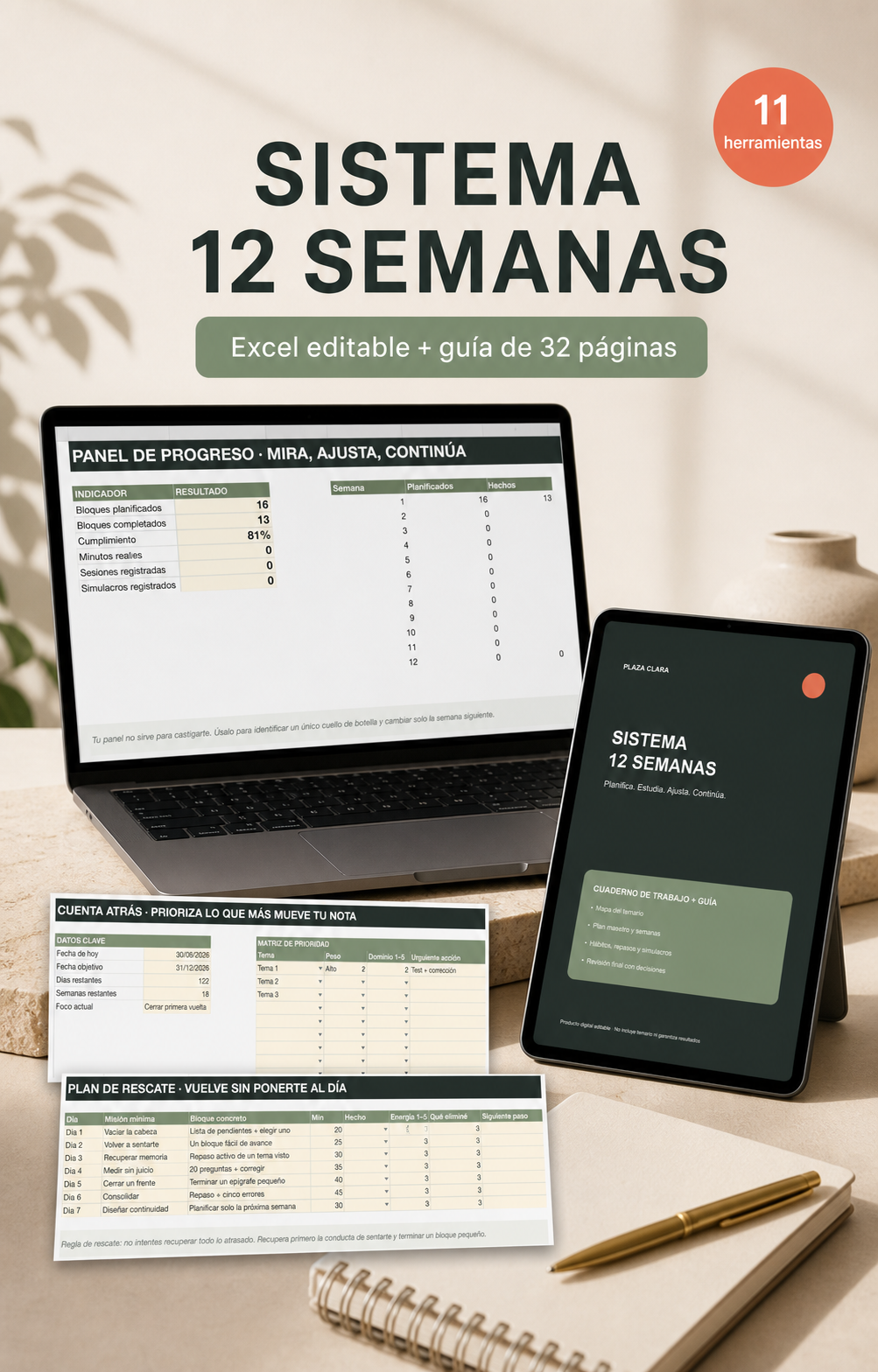 Sistema 12 Semanas para oposiciones · Excel + guía PDF