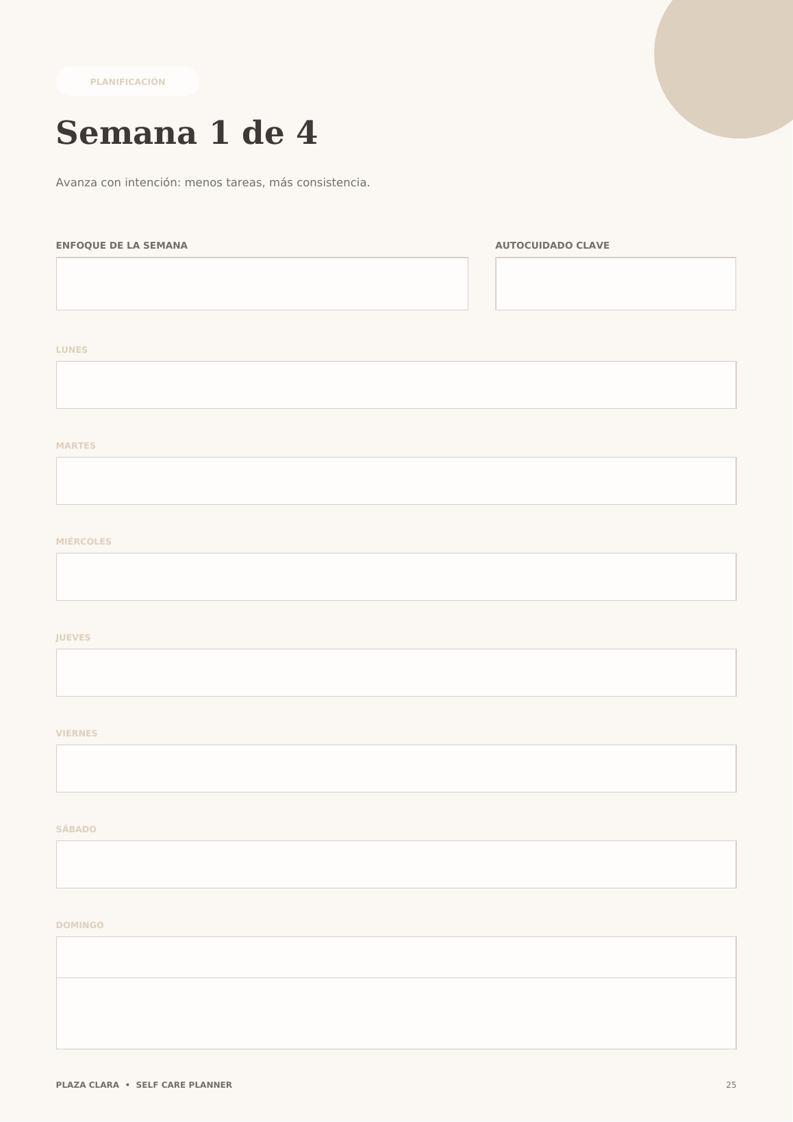 Planificación semanal del SELF CARE PLANNER